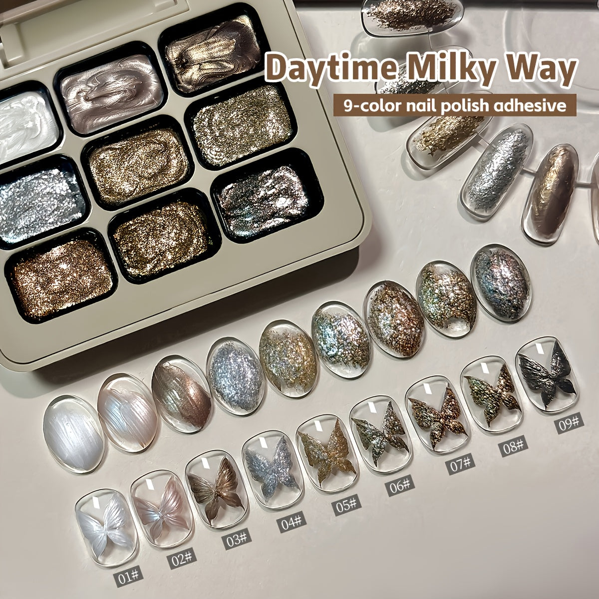 Fairy Powder Nail Art Gel Set 9 Colors - Nine-Grid Special Effect Milky Way Galaxy Gel Polish Alcohol Free UV LED Soak Off - Long Lasting Glitter Nail Gel for Salon & Home DIY Women