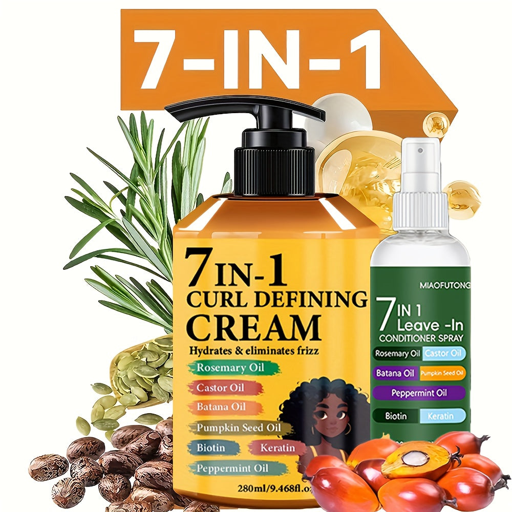 2pcs Set [Upgraded Version] 7-in-1 Hair Styling Cream 9.47oz + 7-in-1 Fragrance Leave-in Conditioner Spray 3.38oz, Containing Rosemary Oil, Castor Oil, Batana Oil, Pumpkin Seed Oil, Peppermint Oil, Biotin, Keratin.