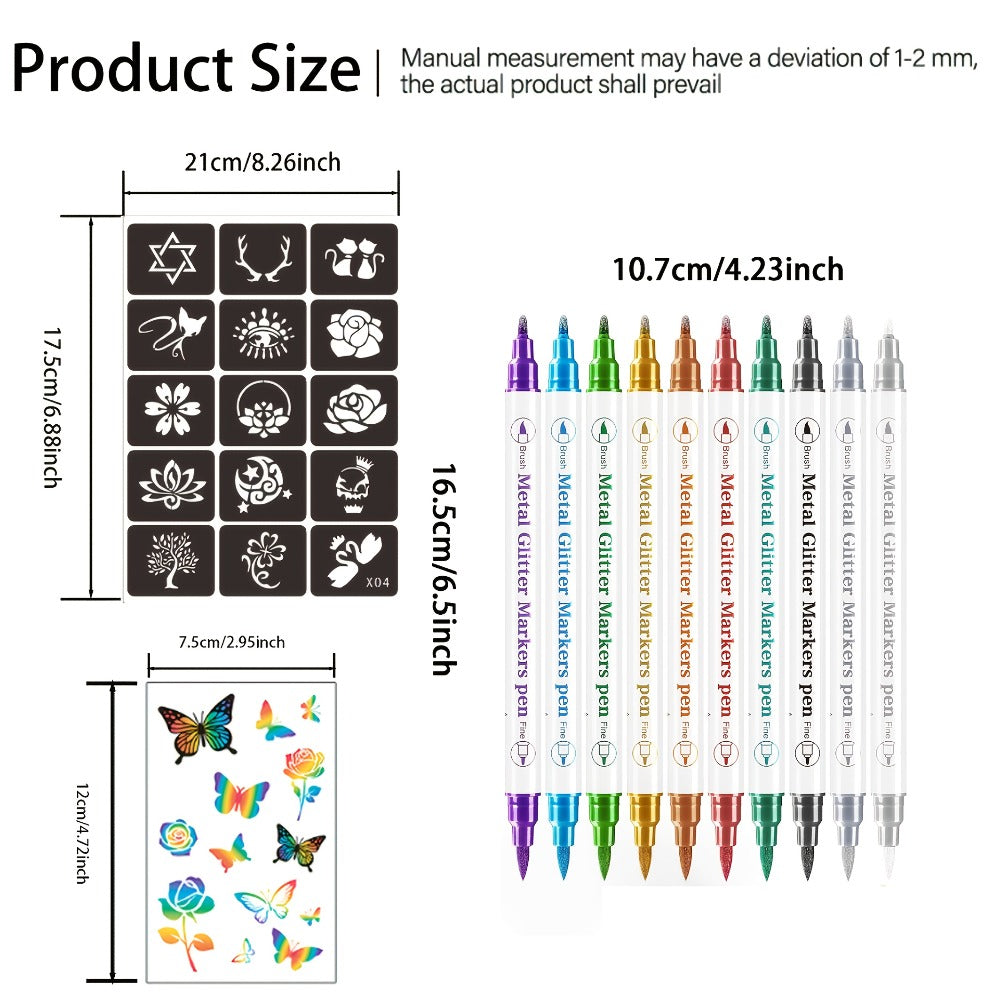 10pcs Double-ended Tattoo Pen Set + 114 Templates + Butterfly Temporary Tattoo Sticker Set Of Waterproof And Sweat-resistant Long-lasting DIY Design Tools, Easy to Remove And Washable Body Painting, The Ideal Choice for Party And Festival Gifts
