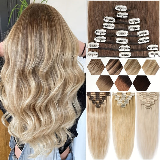 Set of 8 Human Hair Clip-In Extensions, Straight Remy Hair in Highlighted Blonde, Perfect for a Full Head Look for Women
