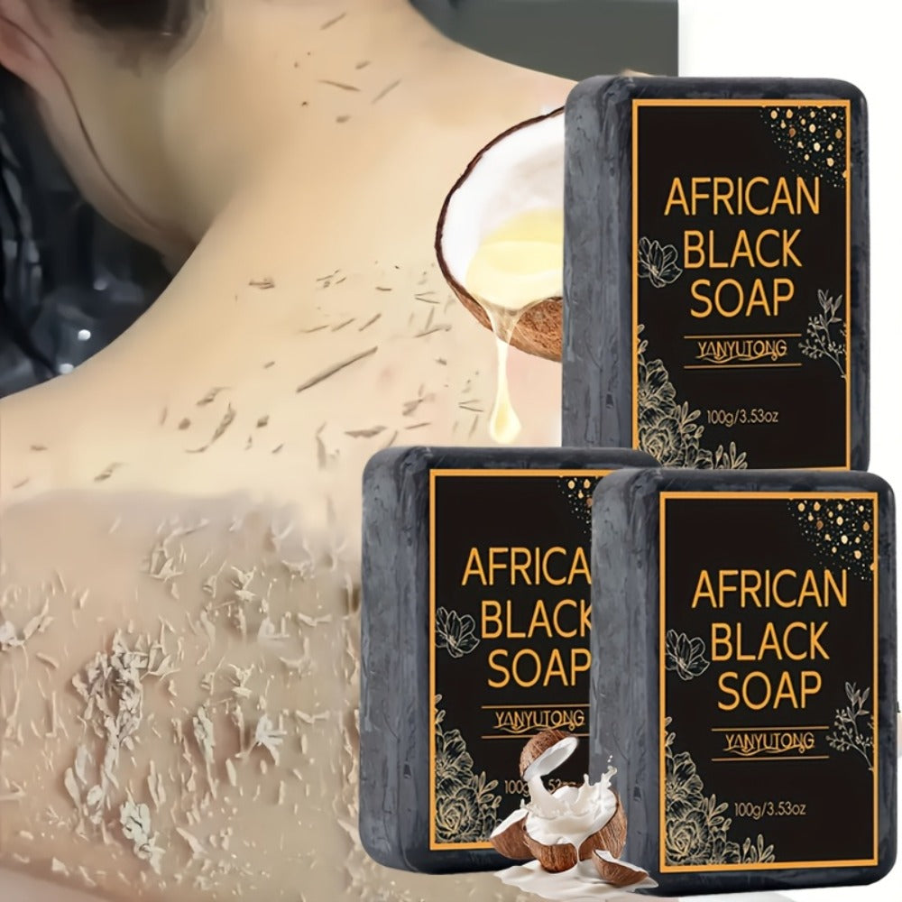 3pcs Of 100g African Black Soap with Shea Butter - Moisturizing, Deep Cleansing, Radiant, Alcohol Free, Infused with Coconut Oil, Suitable for All Skin Types, Suitable for Face And Body