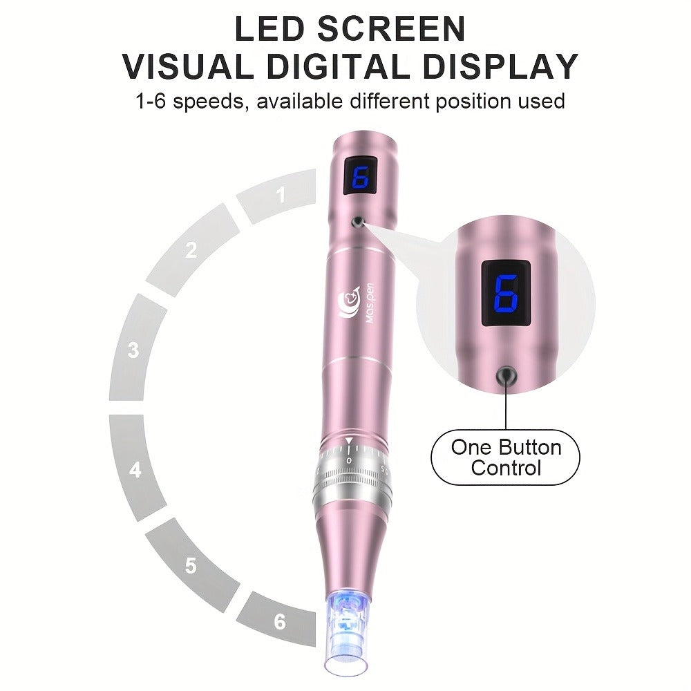 Adjustable 6 Level Derma Pen/Mas Pen with 10pcs Screw Replacement Tips 0.15mm, 500mAh Built-in Battery, Great At-home Skincare Tool