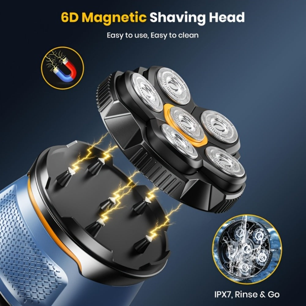 Magnetic 6D Rotary Shaver | Rechargeable Clipper for Bald Heads, Facial Beard Trimmer, IPX7 Waterproof, Quiet Motor, Magnetic Blade Hair Clipper Set | Ideal Gift for Boyfriend, Father's Day Gift
