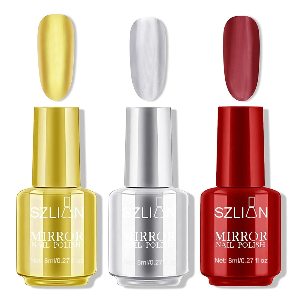 3 Colros Mirror Nail Polish Set, Metallic Nail Polish, Mirror Reflective Acrylic Nail Polish For Party Nail Art Salon Manicure Kit, New Year & Valentine'S Day Gift For Women
