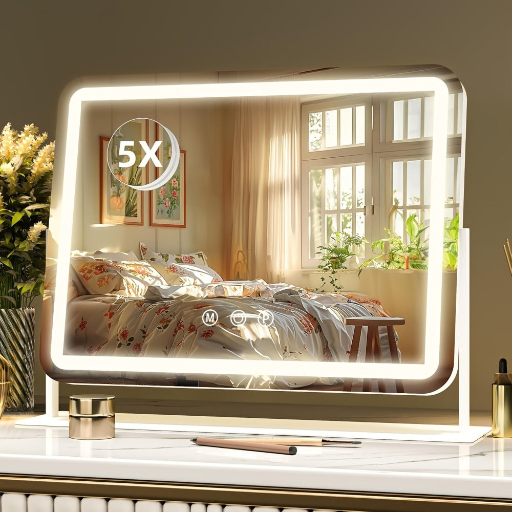 Lighted Vanity Mirror with 5X Magnifying Spotlight, 3 Color Lighting Modes Dimmable Illuminated Cosmetic Mirror for Makeup Vanity Table Bathroom, White