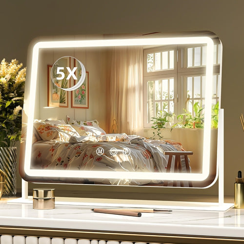 Lighted Vanity Mirror with 5X Magnifying Spotlight, 3 Color Lighting Modes Dimmable Illuminated Cosmetic Mirror for Makeup Vanity Table Bathroom, White