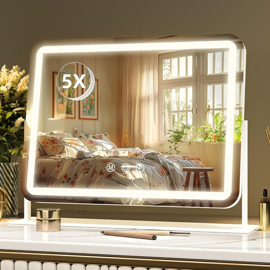 Lighted Vanity Mirror with 5X Magnifying Spotlight, 3 Color Lighting Modes Dimmable Illuminated Cosmetic Mirror for Makeup Vanity Table Bathroom, White