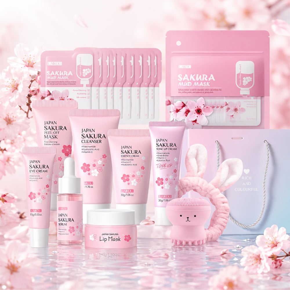 30pcs Sakura Light Beige Care Set - Gentle Cleansing Moisturizing Hydrate with Cleansing Brush & Hairband for Girlfriend Wife Mother - Facial & Eye Care Gift & Combination Light Beige, Deep Moisturizing