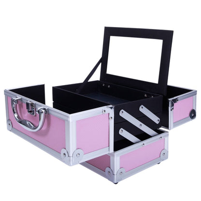 Makeup Train Case with Wheels - Large Aluminum Cosmetic Trolley Organizer, Lockable Travel Makeup Artist Box with Adjustable Dividers, Black Silver Pink