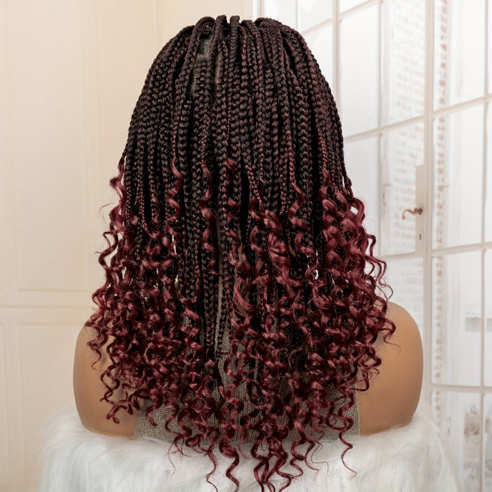 14-16inch Bohemian Style Square Woven Wig - Knotless Goddess Braided Wig with Curly Full Lace Square Synthetic Braid Wig Featuring, Suitable for Women, Natural Black Braided Lace Front Wig.