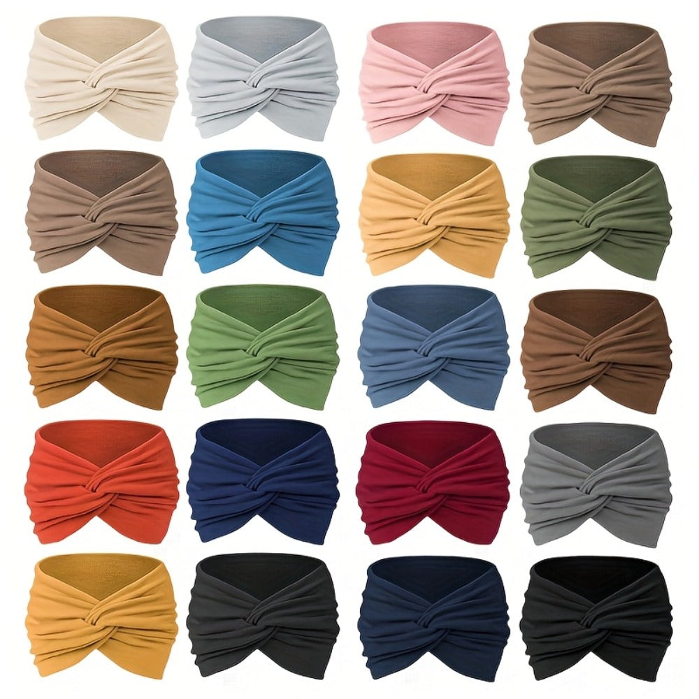 Stretchy Headbands 20pcs Bulk Soft Sweat-Wicking Sports Turban Bandanas for Women Men Non-Slip Elastic Knot Hair Wraps Breathable Solid Colors for Yoga Running Gym Workout Daily Fashion