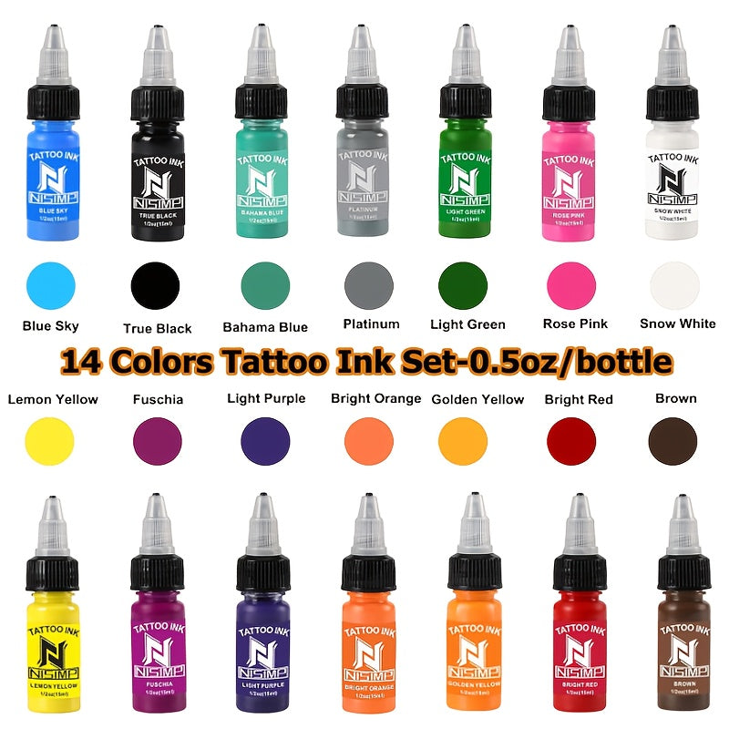 Tattoo Ink Set Professional Pre-Dispersed NISIMP 7 & 14 Colors Vibrant Pigment Density Skin-Friendly Tattoo Ink for Outlining Shading Body Painting Beginners Hobbyists & Expert Tattoo Artists
