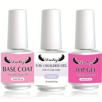 Builder Gel Nail Kit 5-in-1 Clear Nail Extension Gel with Primer Nail Strengthening Gel Nail Brush Repair Set 0.51oz Beginner Home DIY Nail Art Starter Kit for Natural Nails