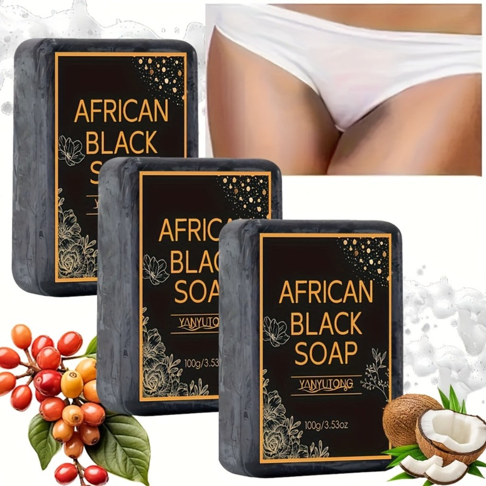 3pcs Of 100g African Black Soap with Shea Butter - Moisturizing, Deep Cleansing, Radiant, Alcohol Free, Infused with Coconut Oil, Suitable for All Skin Types, Suitable for Face And Body