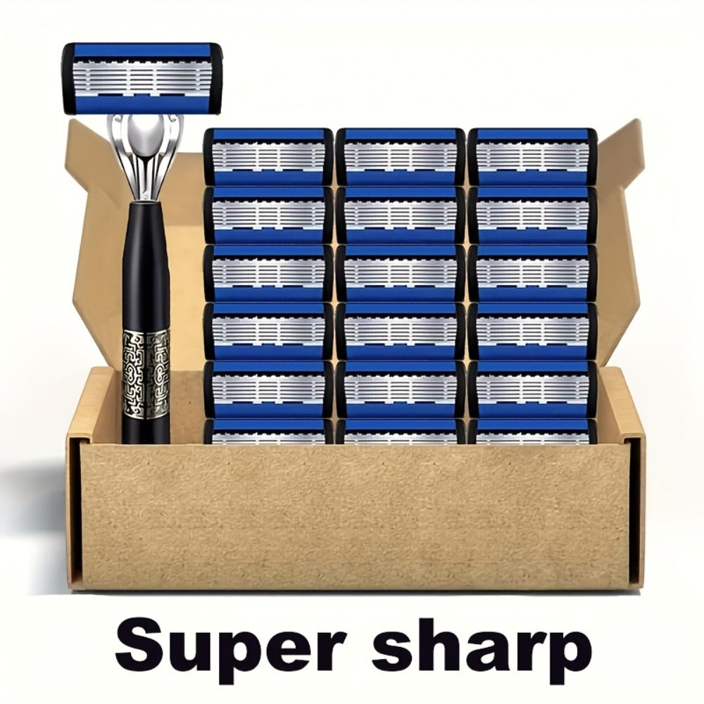 Men's Manual Razor Set with Stainless Steel Replacement Blades - Reusable Handle & High-Capacity Blade Kit for Smooth, Close Shave, Precision Grooming