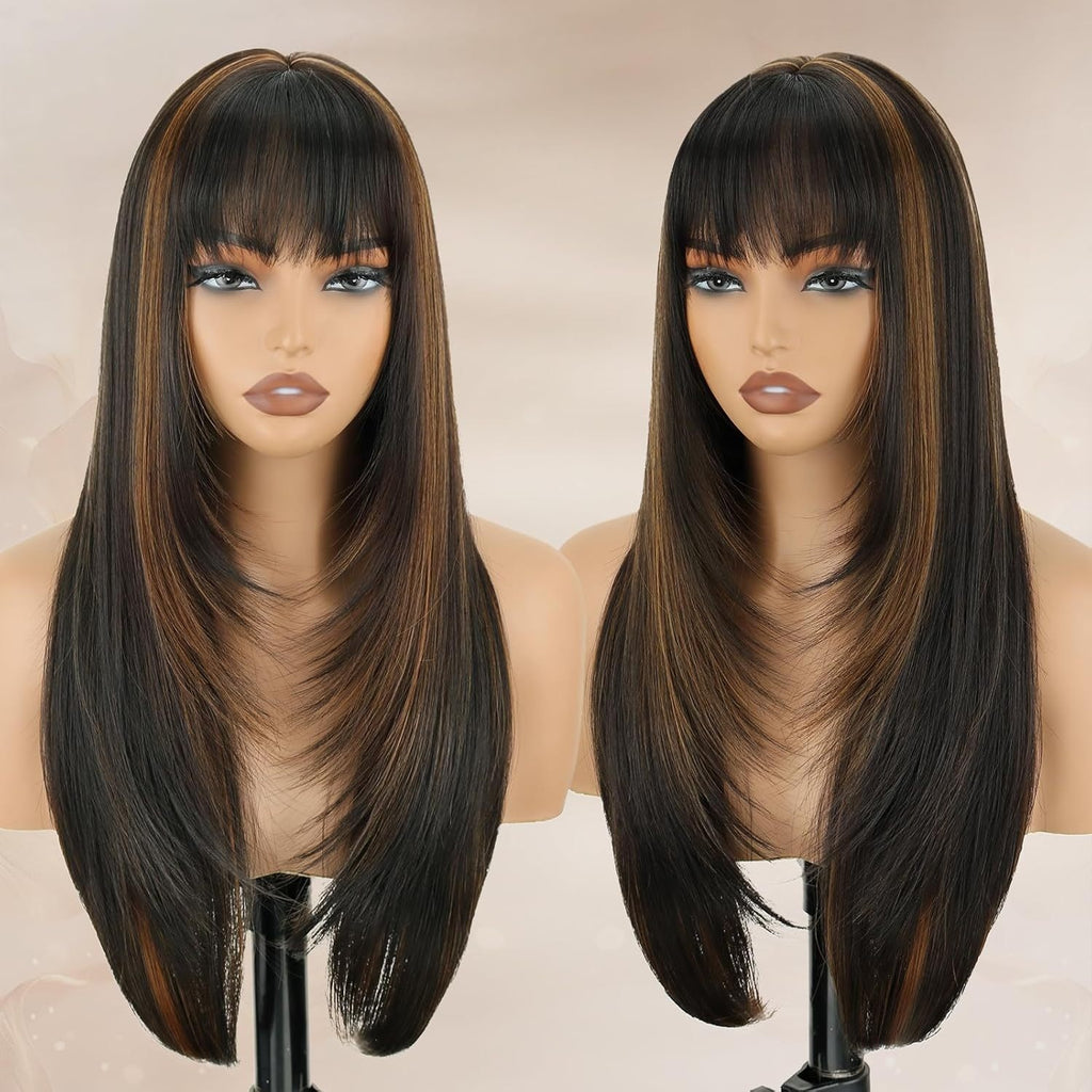 CIVRIE 26" Glueless Black Wig with Curtain Bangs - Long Straight Synthetic Hair, Pre-Bleached Lace Bangs & Realistic Scalp, Upgraded Premium Fibers for Natural Look & Fullness, Easy No-Glue Application, Everyday & Special Events - Women's Hair Wig, Wig Ac