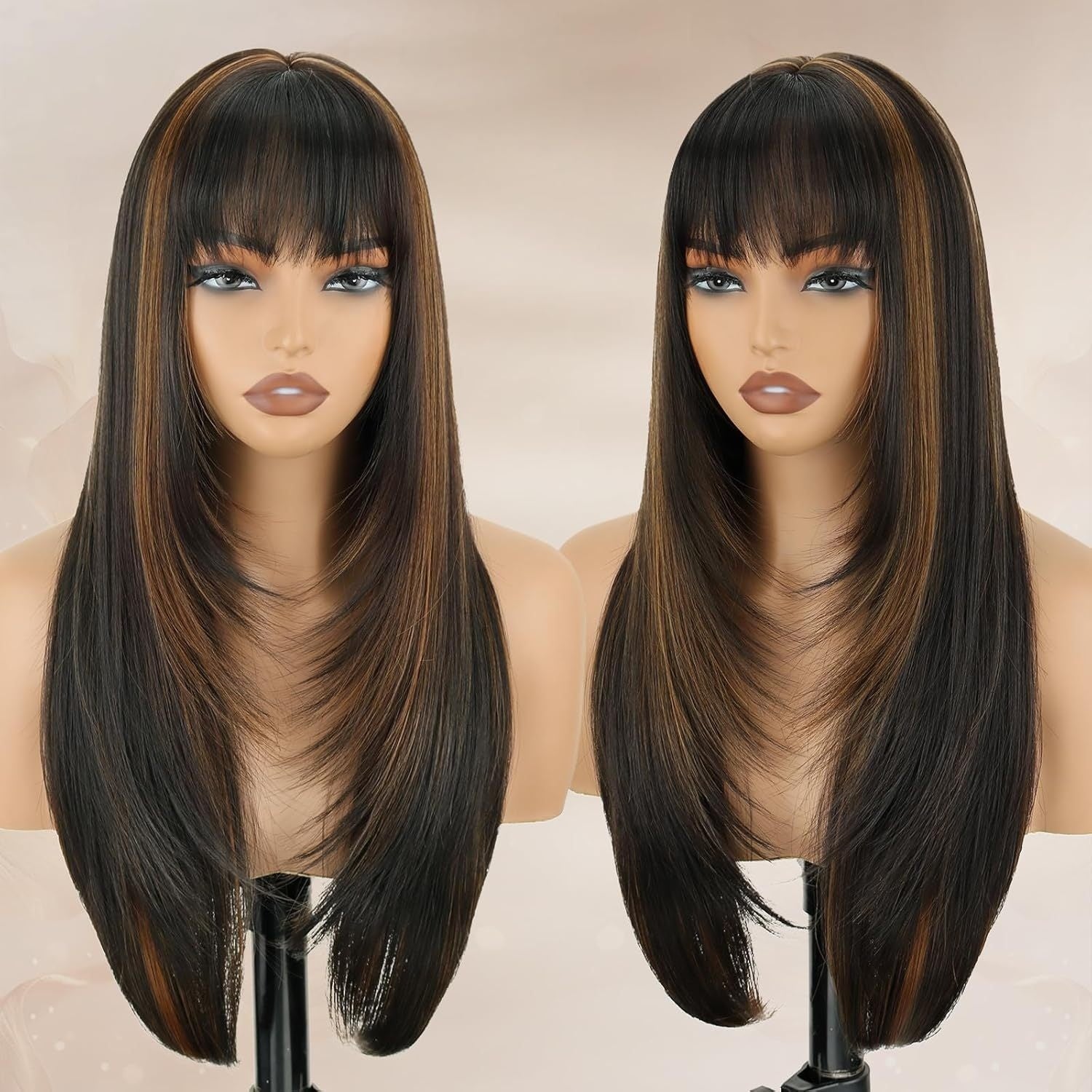 CIVRIE 26" Glueless Black Wig with Curtain Bangs - Long Straight Synthetic Hair, Pre-Bleached Lace Bangs & Realistic Scalp, Upgraded Premium Fibers for Natural Look & Fullness, Easy No-Glue Application, Everyday & Special Events - Women's Hair Wig, Wig Ac