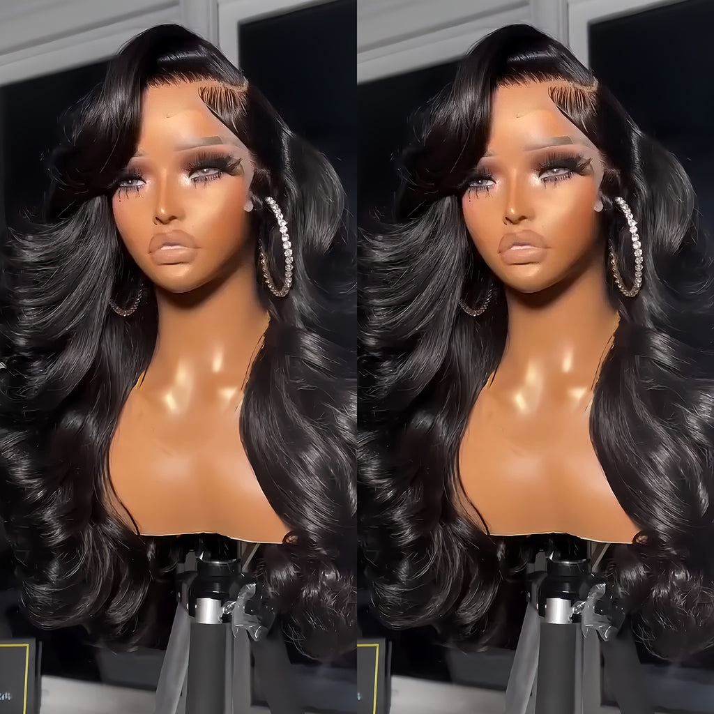 28" Long Glueless Lace Front Wig - 250% Density Natural Black Body Wave Human-like look, Heat Resistant Synthetic Hair with 13x4 HD Transparent Lace Closure, No Glue Needed for Women, Everyday & Special Events, Synthetic Lace Front Wig