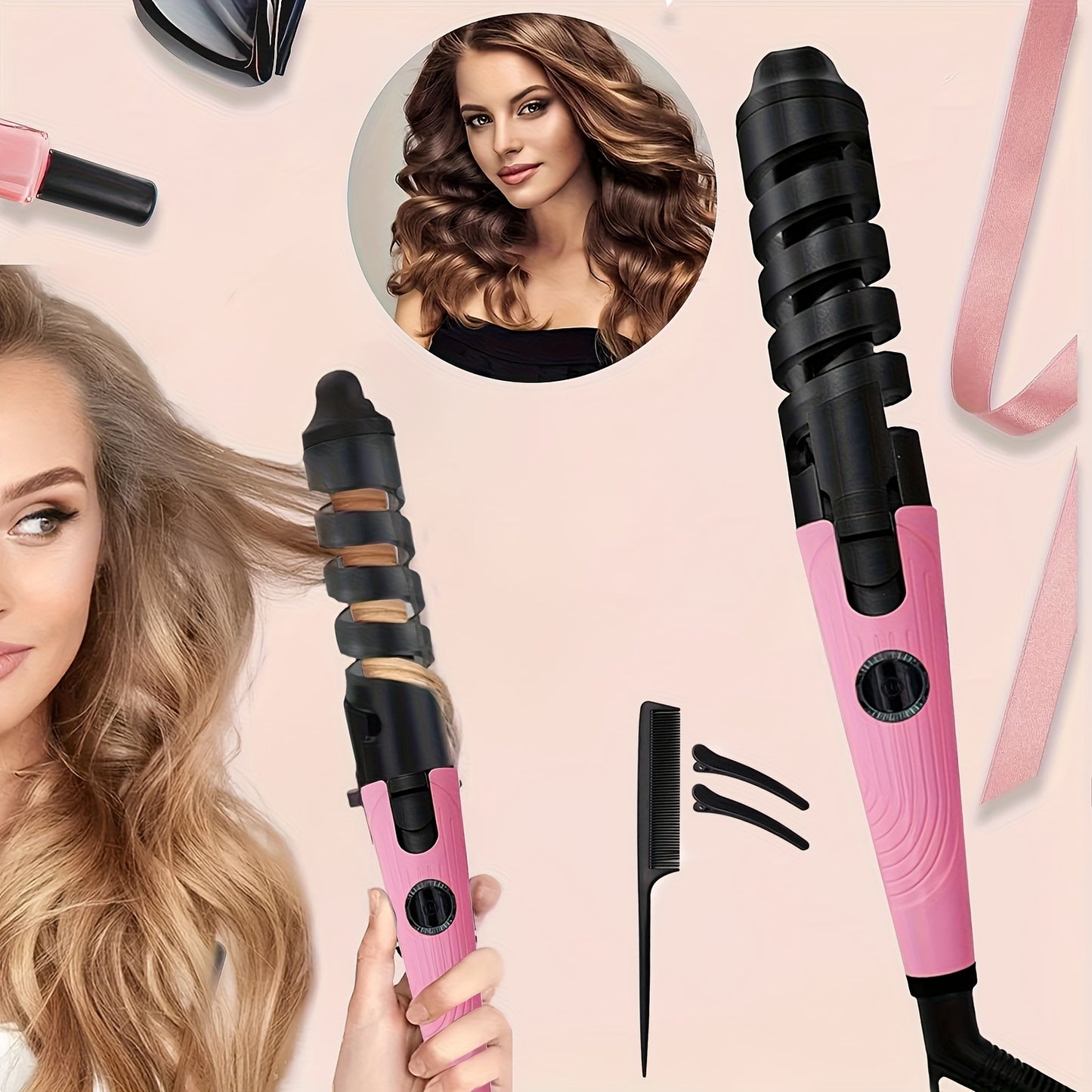 Automatic Spiral Curling Iron Ceramic Anti-Tangle – Professional Auto Curler Easy Operate Hair Styling Tool with Comb & 2 Hair Clips – Blue, Pink