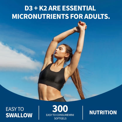Vitamin D3 3000 IU K2 MK-7 75mcg 300 Softgels with Virgin Coconut Oil Calcium Absorption Bone Immune Heart Health Double Strength Daily Supplement Easy Swallow