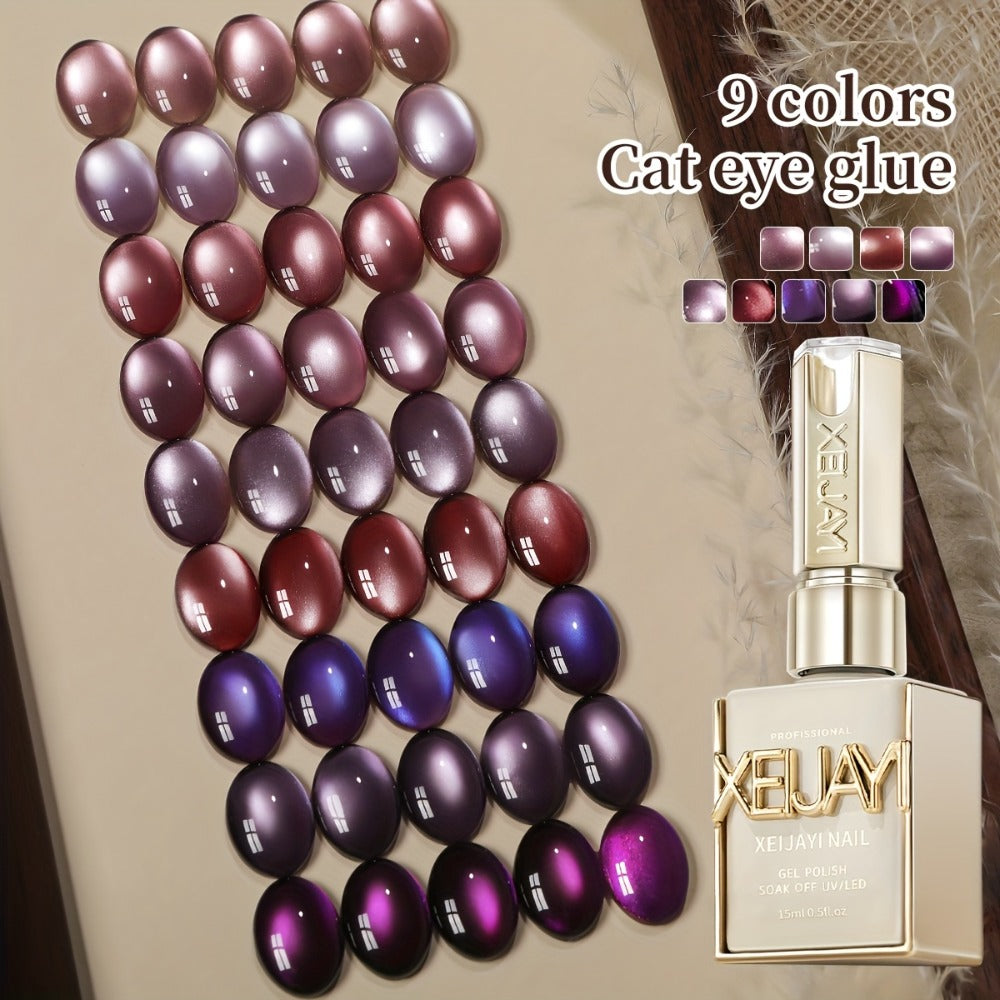 XEIJAYI 9pcs 0.51oz Purple Cat Eye Nail Polish Gel Gel Soak Off Nail Magnetic Gel Polish Nail Art DlY for Salon At Home-No Magnetic Stick Included for