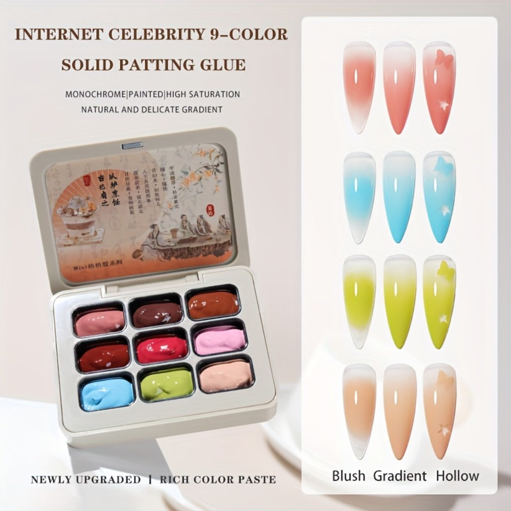 MORDDA Nine-Grid Tea Brewing Around The Stove 9pcs/Set---Autumn And Winter New Nail Polish Glue 9pcs/Set Firm And Durable Pat Glue Gradient Effect Christmas Nail Art Gift Nail Salon Nail Art