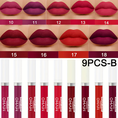Velvet Matte Lip Gloss Set 9pcs — Waterproof High Pigment Lip Glaze, Non-Stick Creamy Formula, Long-Lasting Color for All Skin Tones, Perfect Gift for Women, 18 Shades Available