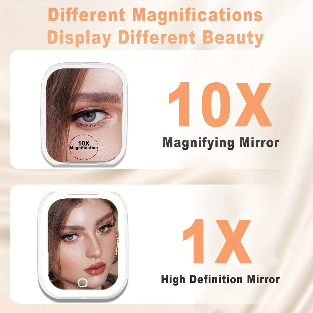 LED Compact Travel Makeup Mirror with Light 10X 1X Magnification, Rechargeable Pocket Mirror 3 Color Modes Adjustable Brightness, 2-Sided Folding Purse Mirror Gift for Women Mom