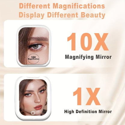 LED Compact Travel Makeup Mirror with Light 10X 1X Magnification, Rechargeable Pocket Mirror 3 Color Modes Adjustable Brightness, 2-Sided Folding Purse Mirror Gift for Women Mom