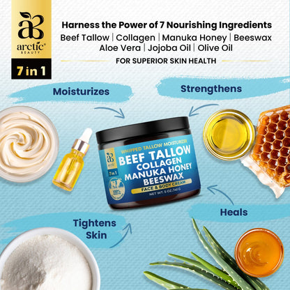 Whipped Beef Tallow Moisturizer - Organic Grass-Fed All-in-One Face & Body Cream with Manuka Honey, Jojoba Oil & Collagen for All Skin Types, Natural Skincare