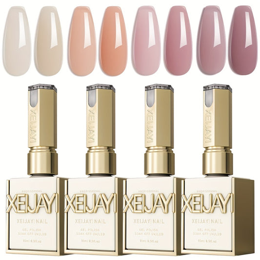 Jelly Gel Nail Polish Set 4pcs Nude Icy Translucent - Semi-Permanent LED Cured Long Lasting Glossy DIY Home Manicure Nail Art Kit 0.51oz