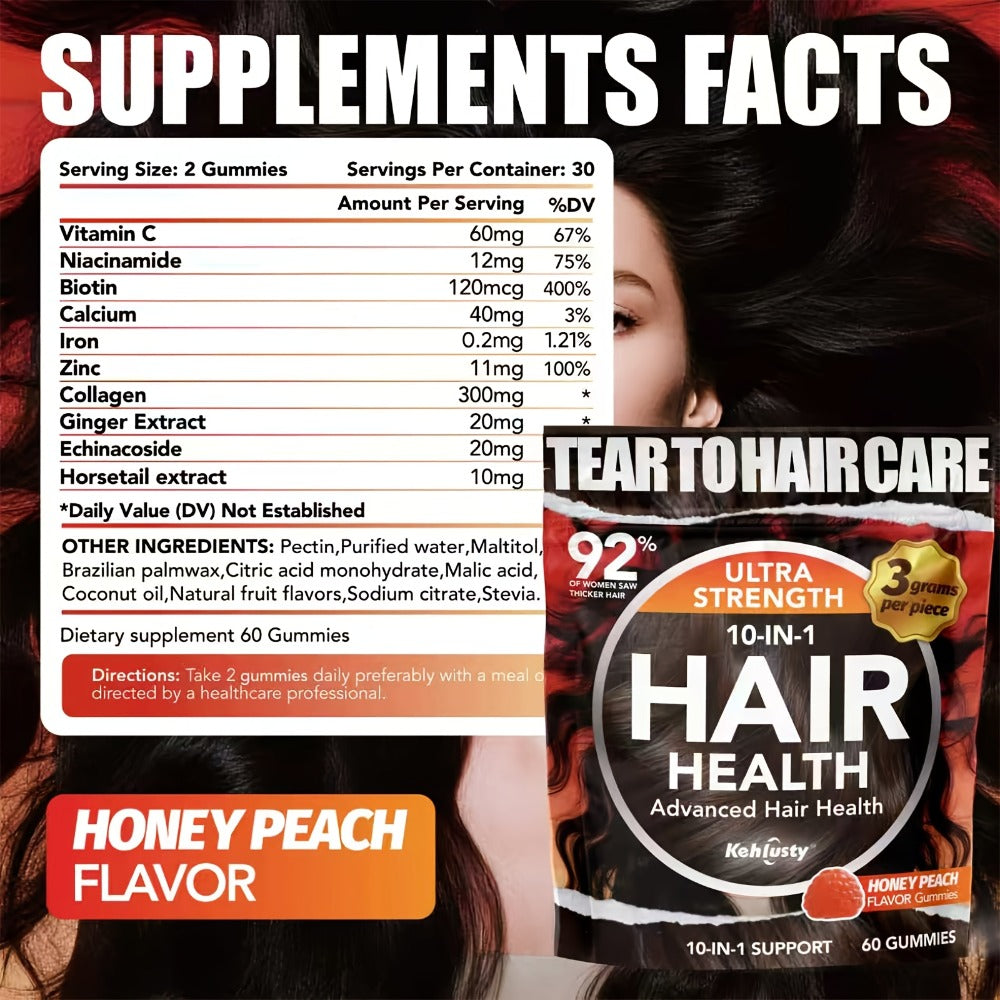 [Hair Care Gummies] Throat Hair Care Gummies, Nourish Thinning Hair And Promote Hair Thickness. Contains Vitamin C, Biotin, Ginger, And Collagen Complex. for Fuller, Thicker Hair. Suitable for Both Women And Men. Peach Flavor - 90 Gummies (30-Day Supply)