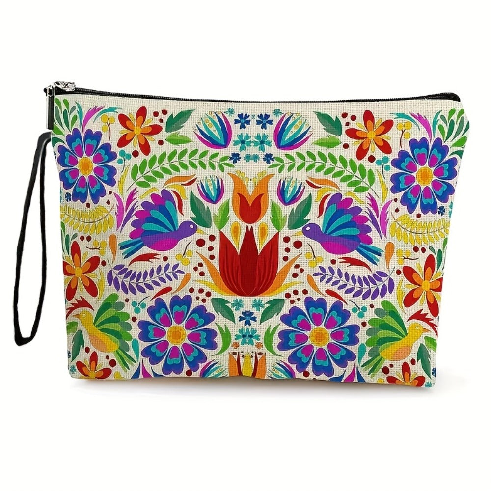 4pcs Vibrant Mexican Botanical Floral Makeup Bags for Women & Men - Large Capacity High Quality Cosmetic Organizers with Durable Zipper, Travel Toiletry Pouches for Vacation, Business, Outdoor - Perfect Birthday & Mother’s Day Gifts