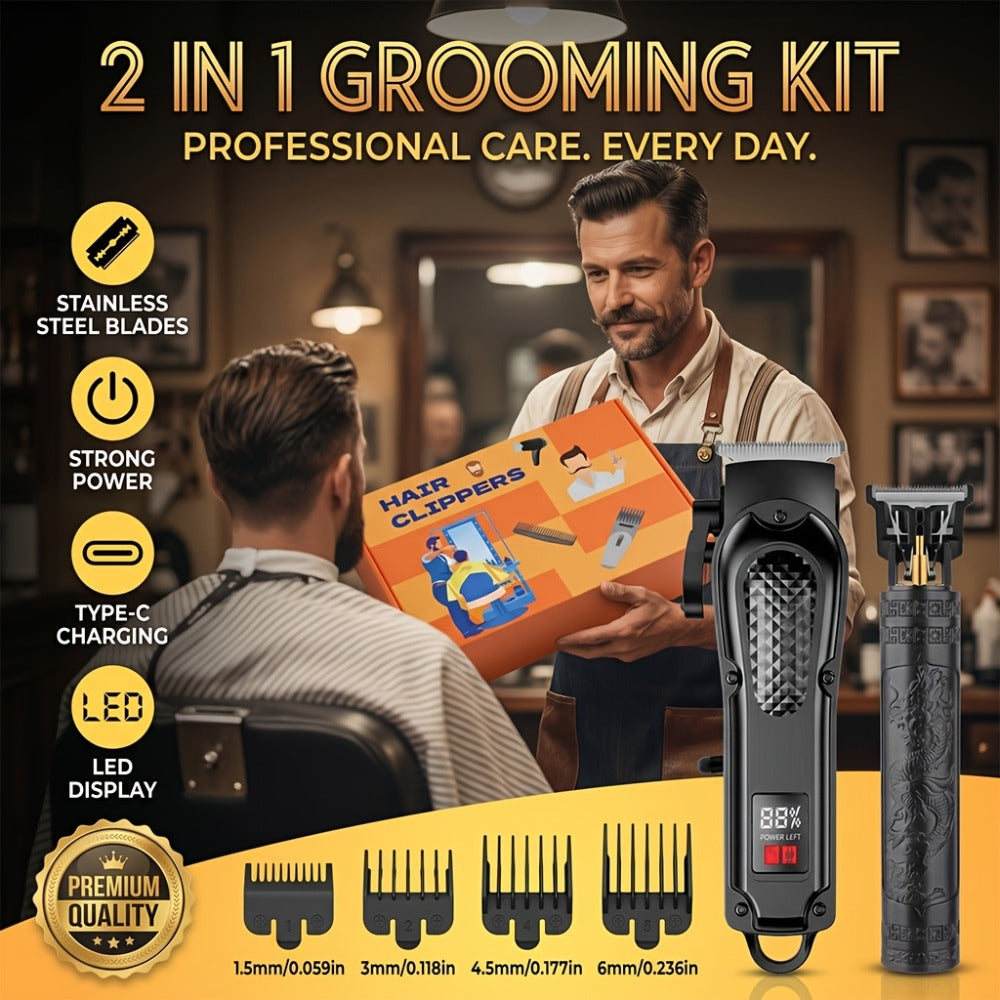 A 2pcs Men'S Grooming Set, Including an Electric Hair Clipper And a Detail Trimmer, with USB Charging And an LCD Display, Is an Ideal Gift for Fathers, Husbands, And Boyfriends on Father'S Day And Birthdays