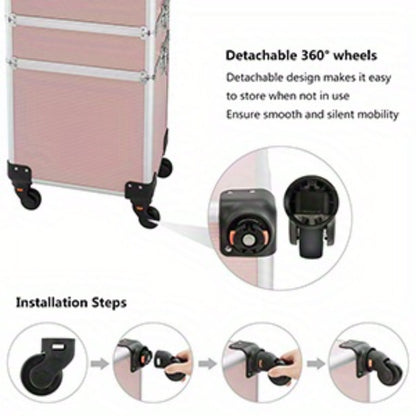 Rolling Makeup Train Case 4-in-1 Aluminum Lockable 4 Removable Wheels Collapsible Trays DIY Compartments Telescopic Rod Cosmetic Organizer Trolley for Makeup Artists Salon Travel Black Pink Rhinestone