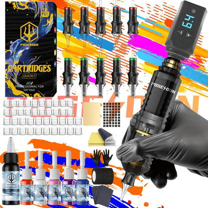 Wireless Tattoo Pen Kit Cordless Tattoo Gun with Power Supply 10 Cartridge Needles 6 Color Inks LCD Screen - Complete Tattoo Kit for Beginners & Artists