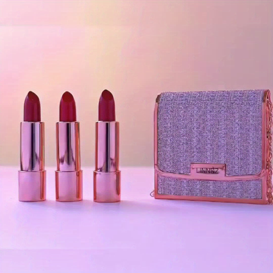 Set of 3 Velvet Matte Lipsticks, Packaged in a Silvery Chain Bag, Featuring Long-Lasting Waterproof And Anti-Fading Properties, Perfect for Mother'S Day, Valentine'S Day, And Other Festive Occasions
