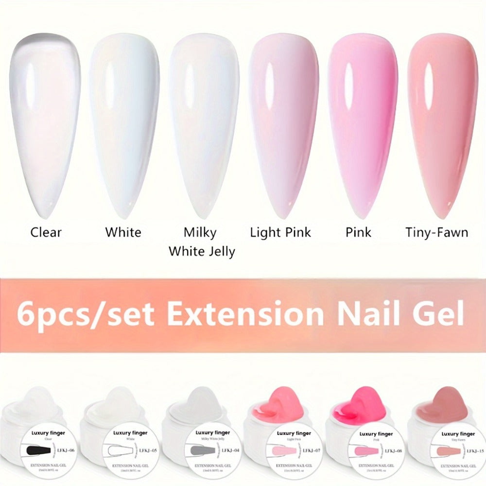 6 Colors/Set Cured Nail Extension Adhesive - Crystal Clear, White, Milky Jelly, Light Pink, Pink, Nude - Smooth, Alcohol-Free, Quick-Drying, Perfect for Nail Art And Salon Use