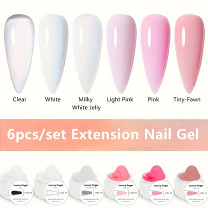 Builder Gel Nail Extension Set 6 Colors 0.51oz Each Crystal Clear White Milky Jelly Light Pink Pink Nude - Alcohol-Free UV LED Self-Leveling Salon Quality Nail Art Kit for Women Extensions Overlays French Manicure