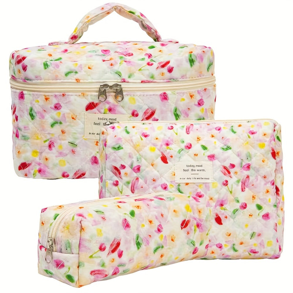 Large Capacity Floral Pattern Quilted Makeup Bag Set, 3 Counts Travel Cosmetic Bags, Stay Glam On-the-Go, Portable Zipper Makeup Organizer Pouches for Skincare, Cream, Lip Balm, Eyeliners, Makeup Tools, Makeup Container Set, Makeup Storage Organizer