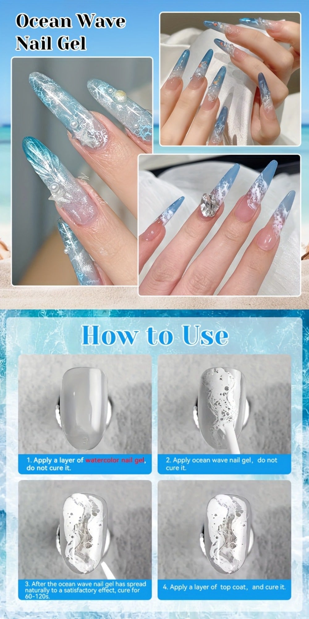 NICOLE DIARY 0.51oz Blue Sea Wave Bubble Gel Nail Polish - Marble Watercolor Ink Nail Art, at Home, Long-Lasting Glossy End, No Resin Remover Needed