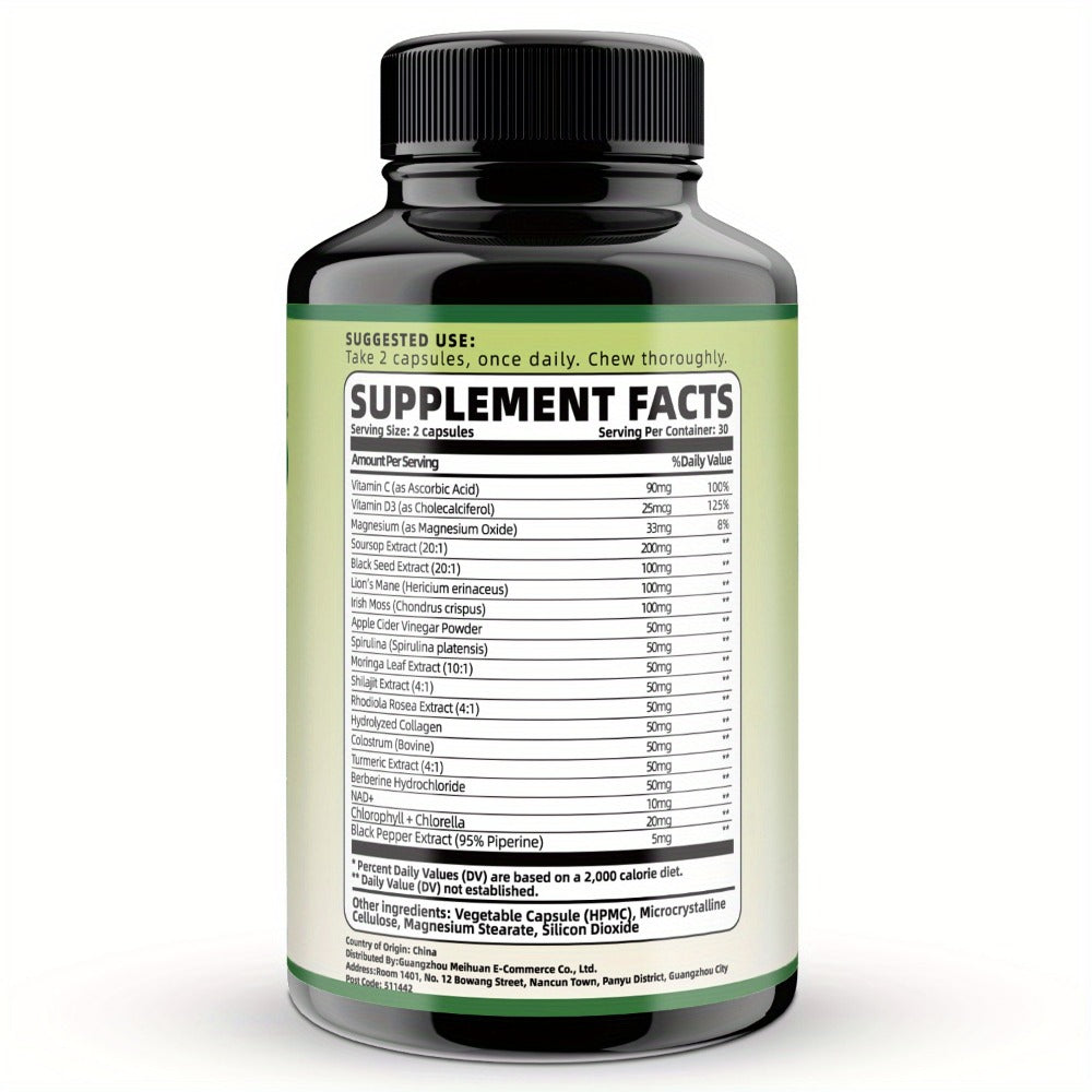 Buy 2 Get 1 Free Soursop Capsules (60 Capsules/Bottle) - 24-in-1 Herbal Supplement with Turmeric, Spirulina, Vitamin D3, Sea Moss & 's Mane-like Bitter Leaf for Immune, Antioxidant, Gut Health & - Dietary