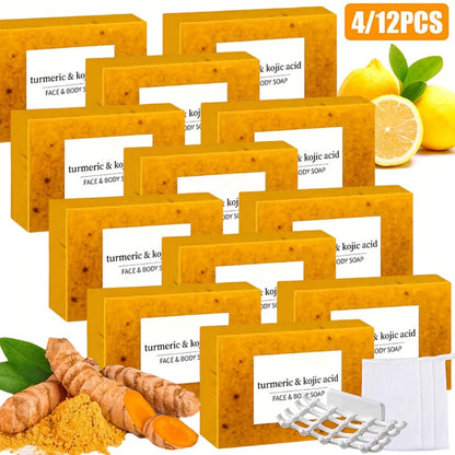 Turmeric Soap Bar Kojic Acid Lemon Honey Natural Handmade 100g - 12 Bars with Bubble Net Brightening Facial Body Soap for Dark Spots Glowing Skin All Skin Types