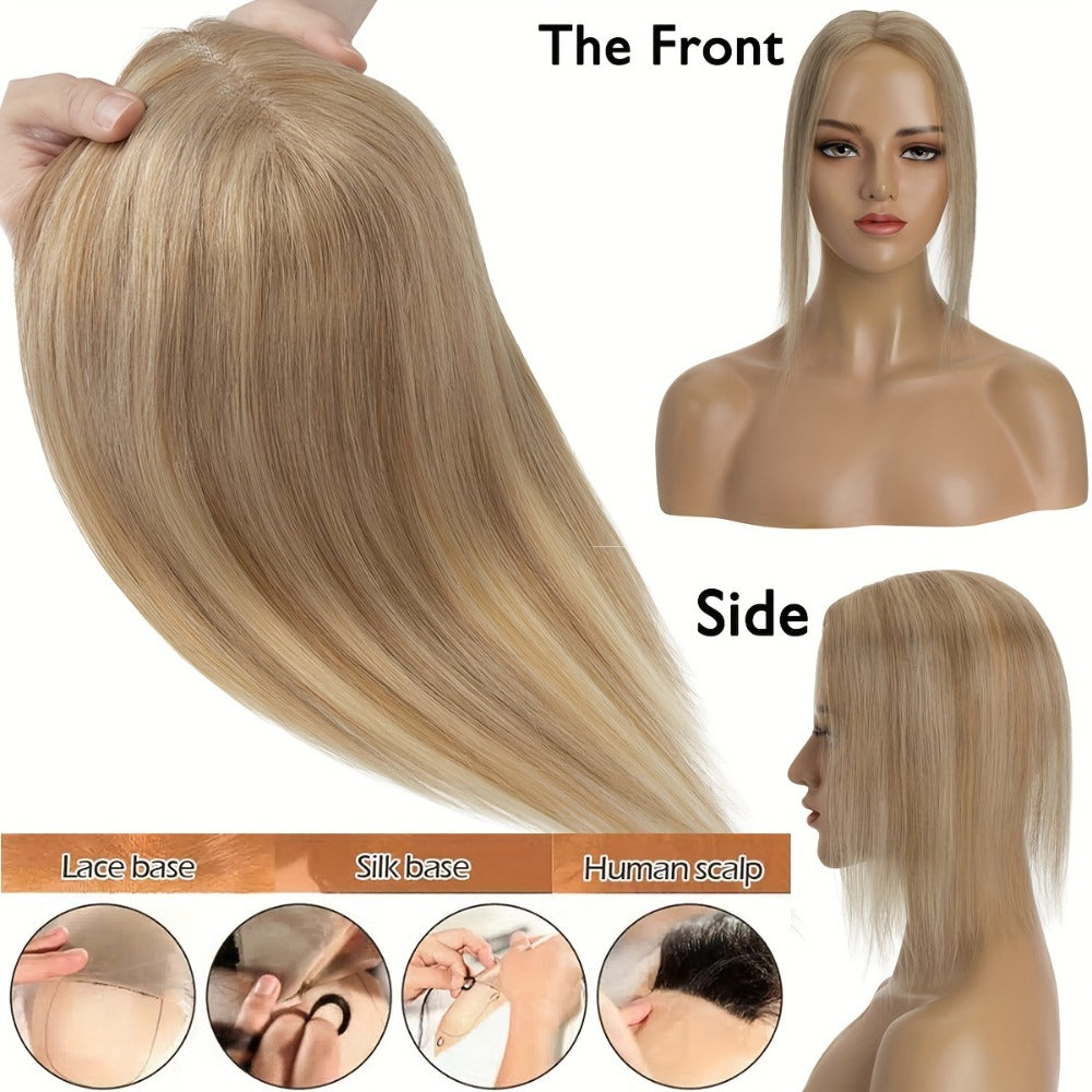 Hair Topper Human Hair Clip In Lace Base 8x10cm — Curtain Bangs, Thinning Hair Coverage, Highlight Blonde #27 #613 #12P613 #4P27, 6–14 Inch Women's Hairpiece