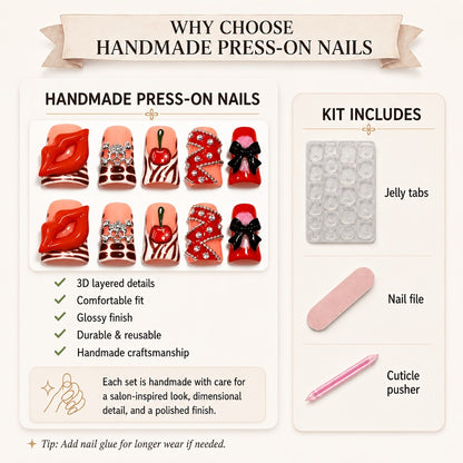 Acrylic Press On Nails Duckbill Short – 3D Red Lips, Skull, Cherry & Bow Rhinestone | Zebra Stripe Polka Dot Sweet Cool Nail Art for Party & Daily Wear, 10pcs S/M/L