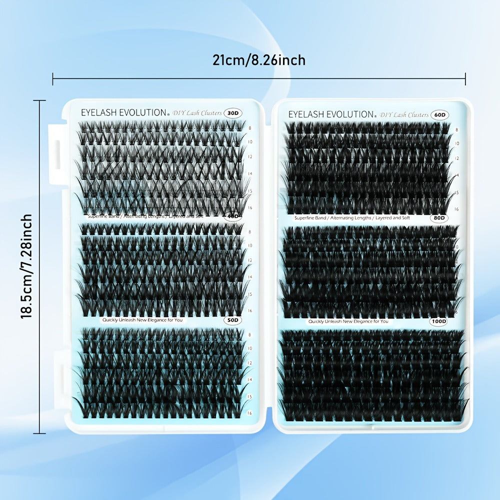 720pcs, 30D-100D Eyelash Extension Kit with Glue & Tweezers - 6 Styles/ Lengths, Lightweight Long-Lasting Cluster Lashes, No Irritation, 100% Handmade for Natural/ Volume Look