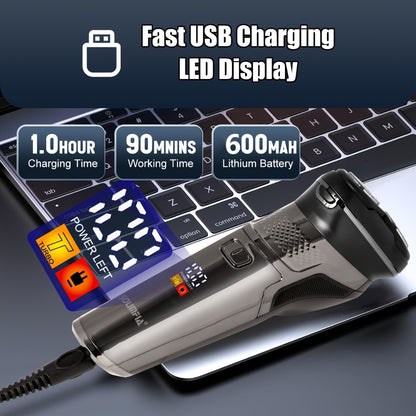 Men's Electric Shaver 3D Flexible Floating Head - USB Rechargeable Rotary Shaver with Adjustable Hair Trimmer for Close Comfortable Shave - Cordless Travel Home Electric Razor Dark Grey
