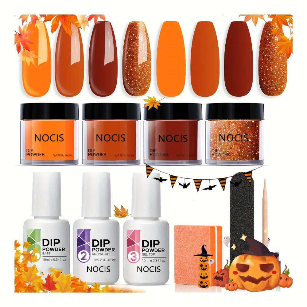 NOCIS Dip Nails Starter Kit! Create hauntingly beautiful Halloween nail art with ease. Kit includes Nail Sticks, Base/Top Coat, Activator, and Essential Liquids for a DIY salon manicure. Get ready for a fang-tastic Halloween!