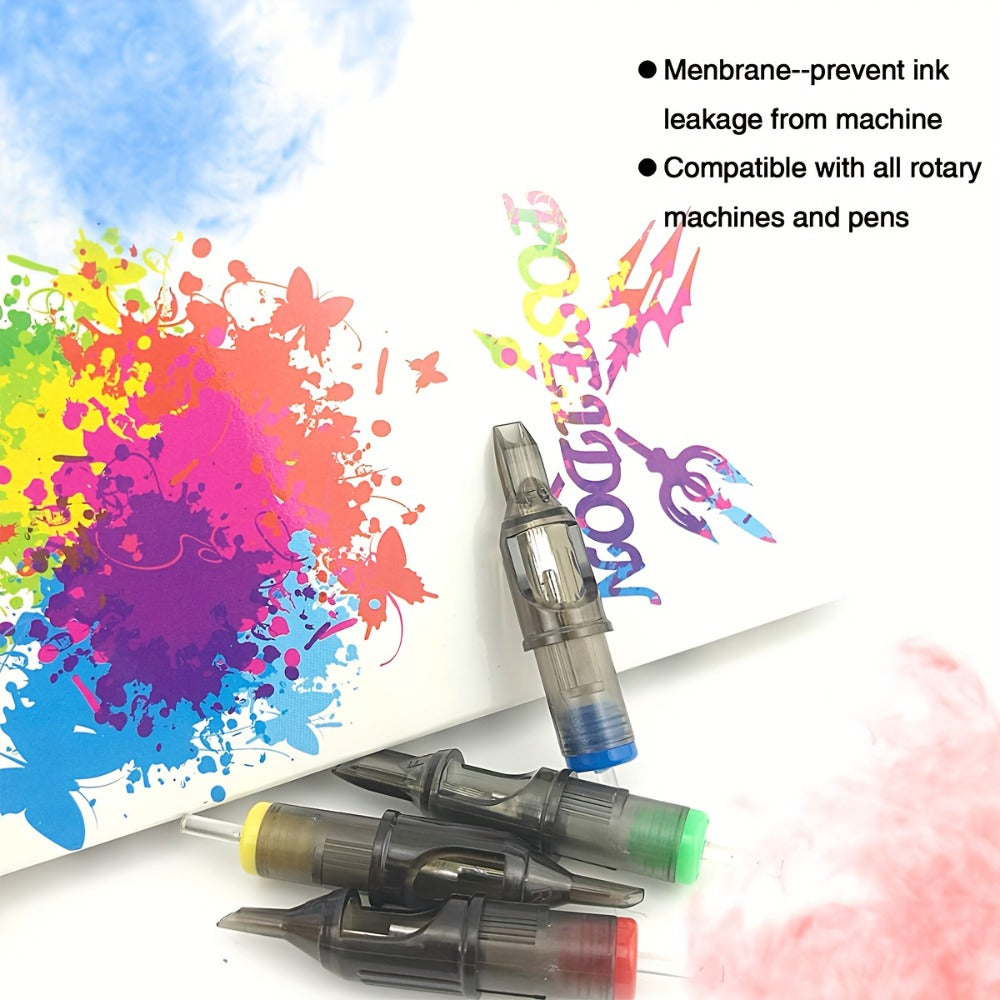 Poseidon Tattoo Cartridge Needles 50pcs Assorted Mixed Size Round Liner 12 Standard 3rl 5rl 7rl 9rl 11rl Disposable Membrane Tattoo Needles Long Taper for Makeup