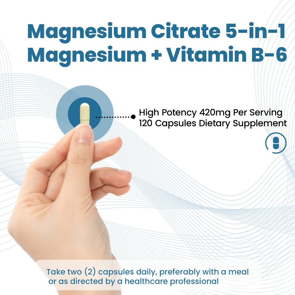5-in-1 Magnesium Complex + Vitamin B6 Supplement - 420MG - High Absorption Magnesium Supplement for Sleep, Nerves, Muscles, Bones, 120 Capsules